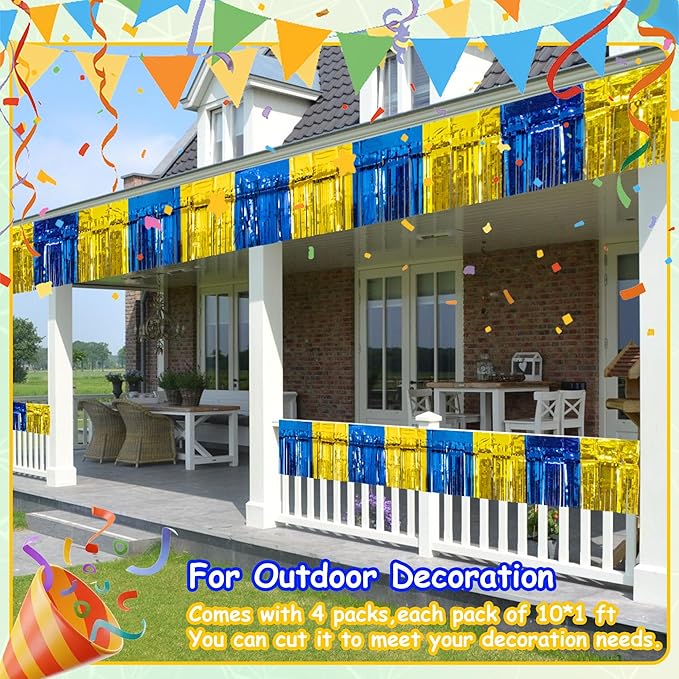 4 Pack 10 Feet Graduation Parade Floats Foil, Royal Blue Gold Fringe