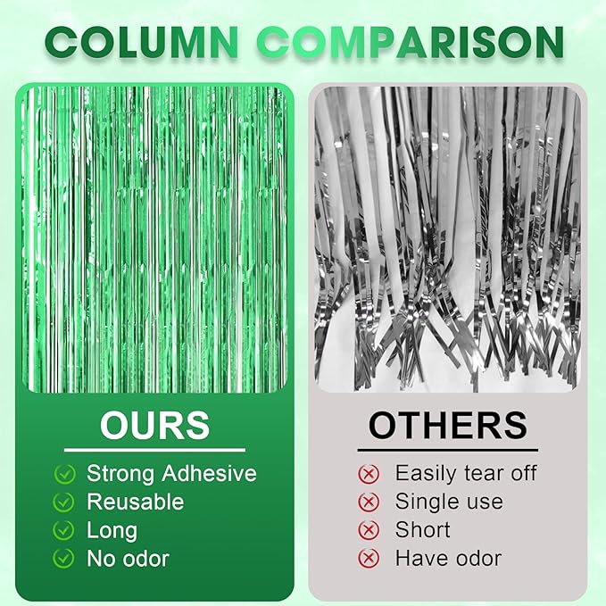 Voircoloria 3 Pack 3.3 x 8.2 ft Laser Green Foil Fringe Backdrop