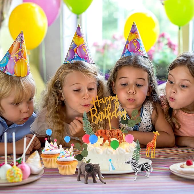 34 Pcs Safari Animal Cake Toppers with Mini Birthday Party Hats