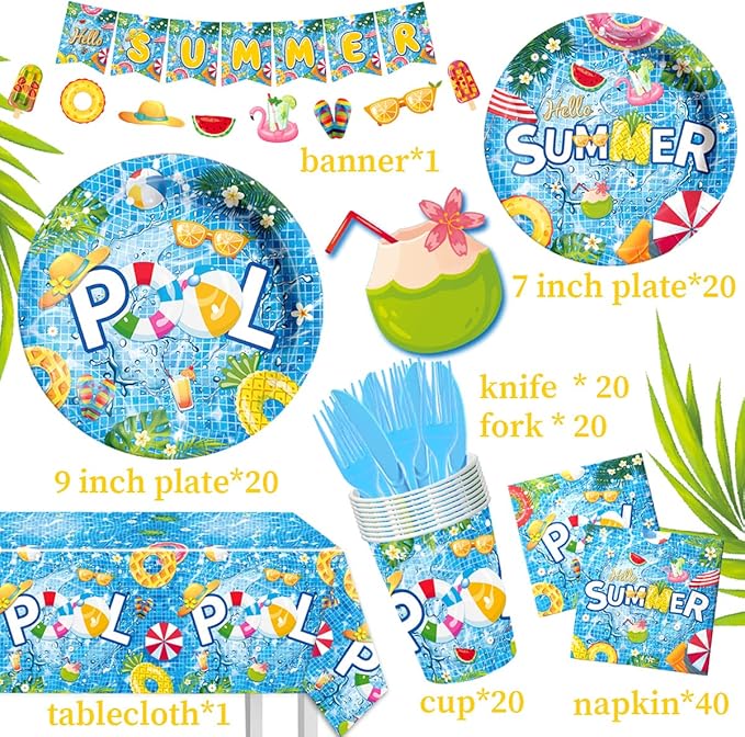Pool Party Decoration 143Pcs Summer Tableware Pool Hello Summer