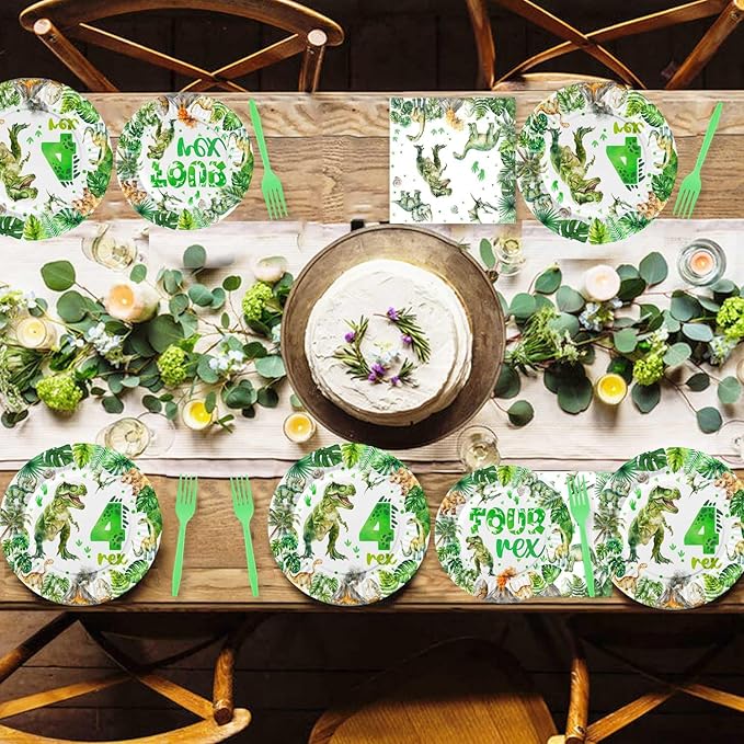 208 Pcs Dinosaur 4th Birthday Party Supplies, Green Dino Roar I'm