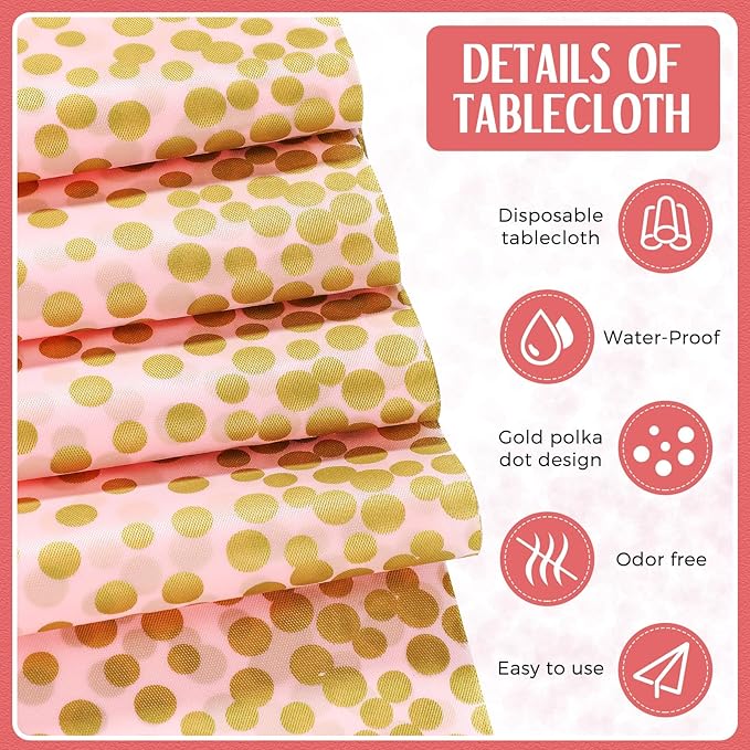 Breling 24 Pack Pink and Gold Disposable Plastic Tablecloths and