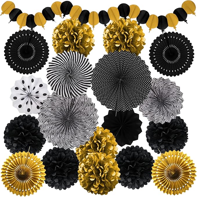 Black and Gold Decorations, Paper Pompoms Fan for Graduation Birthday