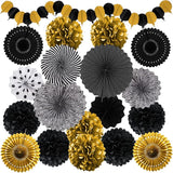 Black and Gold Decorations, Paper Pompoms Fan for Graduation Birthday