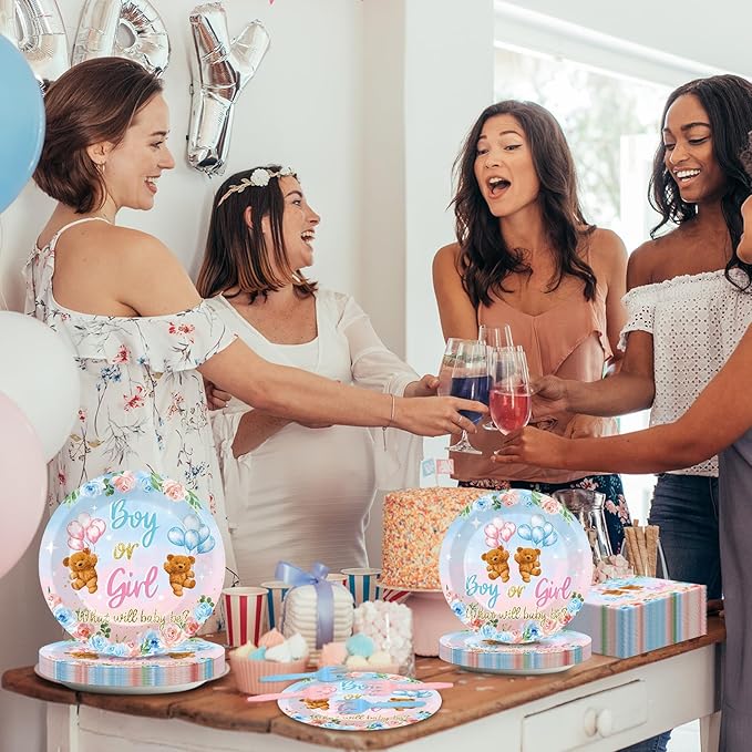 96 Pieces Bear Gender Reveal Theme Tableware Set for Gender Reveal