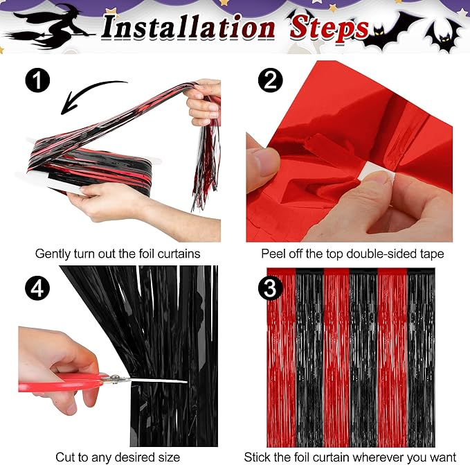 8 Pack Halloween Party Supplies, 3.28 FT x 7.05 FT Red and Black Foil