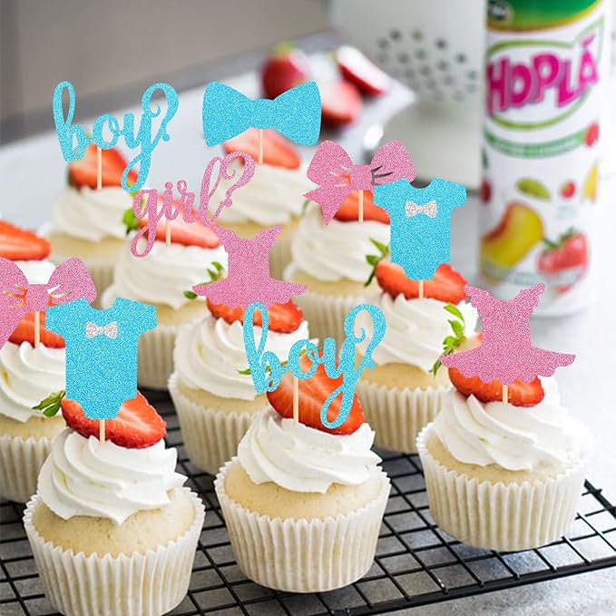 24 Pack Boy or Girl Cupcake Toppers Pink and Blue Glitter Baby