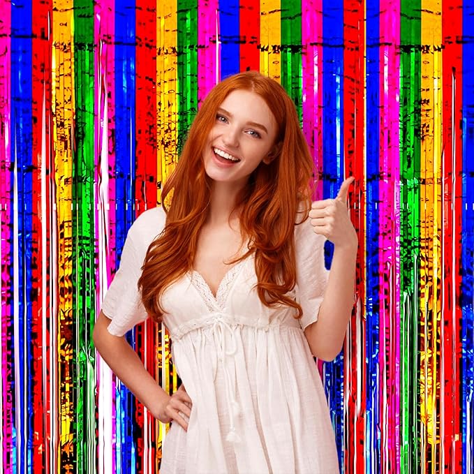 Voircoloria 3 Pack 3.3x8.2 Feet Rainbow Foil Fringe Backdrop