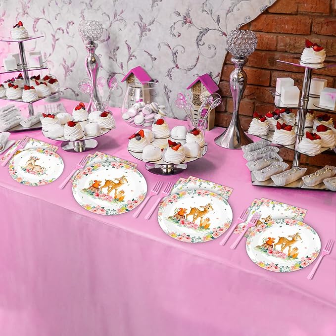 96PCS Woodland Baby Shower Tableware Set Girls Pink Safari