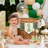 Wild One 1st Green White Highchair Banner Handmade Wood Bead Tassel