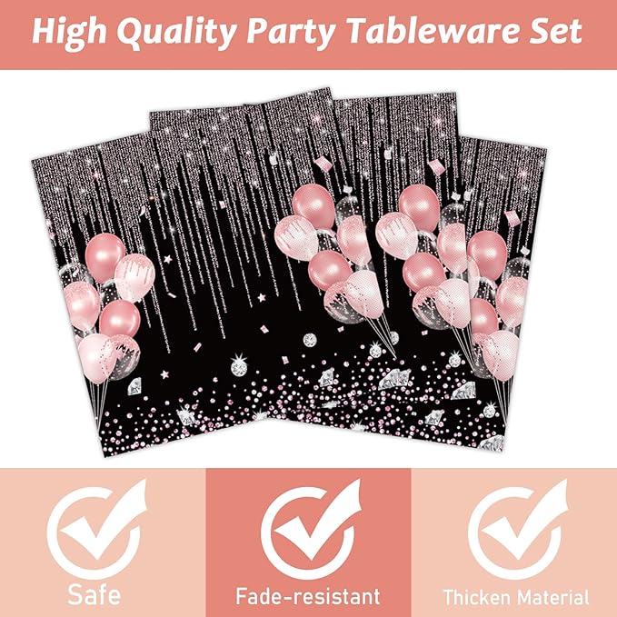 96 Pcs Black & Rose Gold Party Paper Plate and Napkins Pink Rose