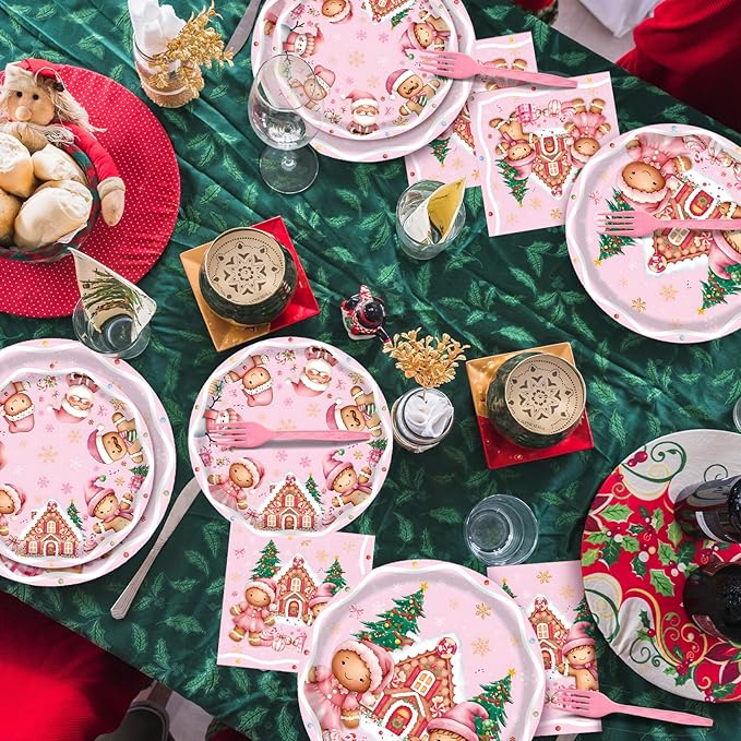100 Pcs Pink Gingerbread Christmas Tableware Party Supplies