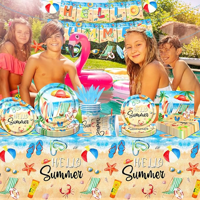 Hello Summer Party Decorations 142Pcs Beach Pool Party Paper Plates
