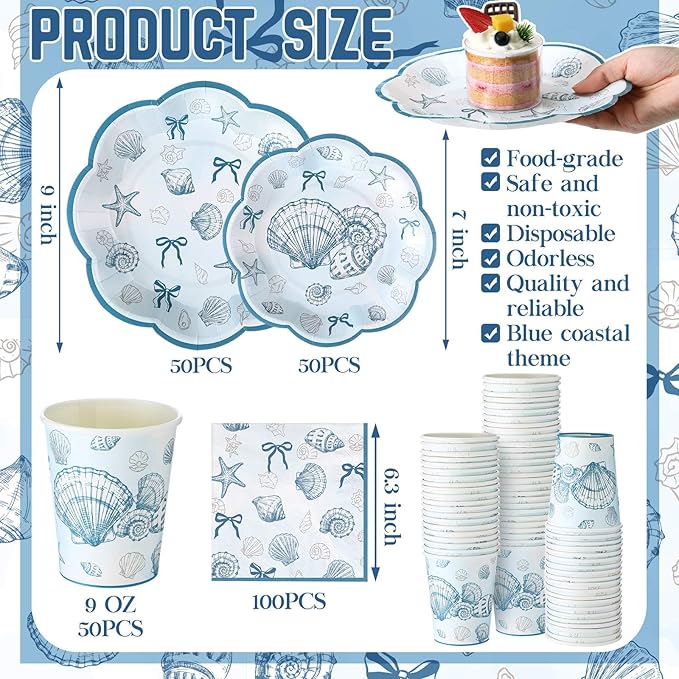 250 Pcs Seashell Party Decorations Plates and Napkins Beach Theme
