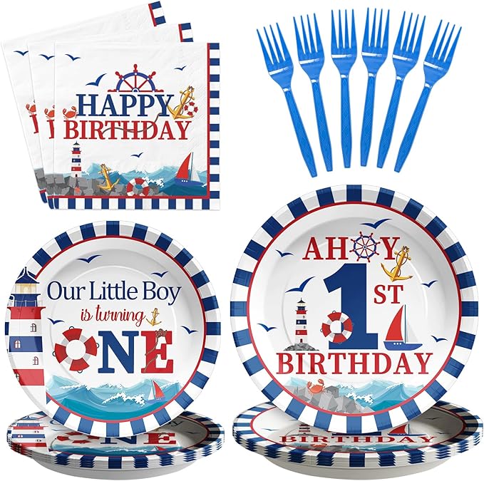 96Pcs Nautical Anchor Party Supplies Navy Anchor 1st Birthday Plates