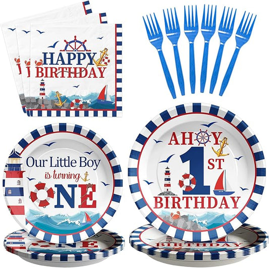 96Pcs Nautical Anchor Party Supplies Navy Anchor 1st Birthday Plates
