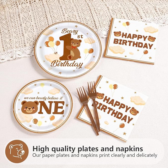 96 Pcs Beary First Birthday Decorations Brown Bear 1st Birthday