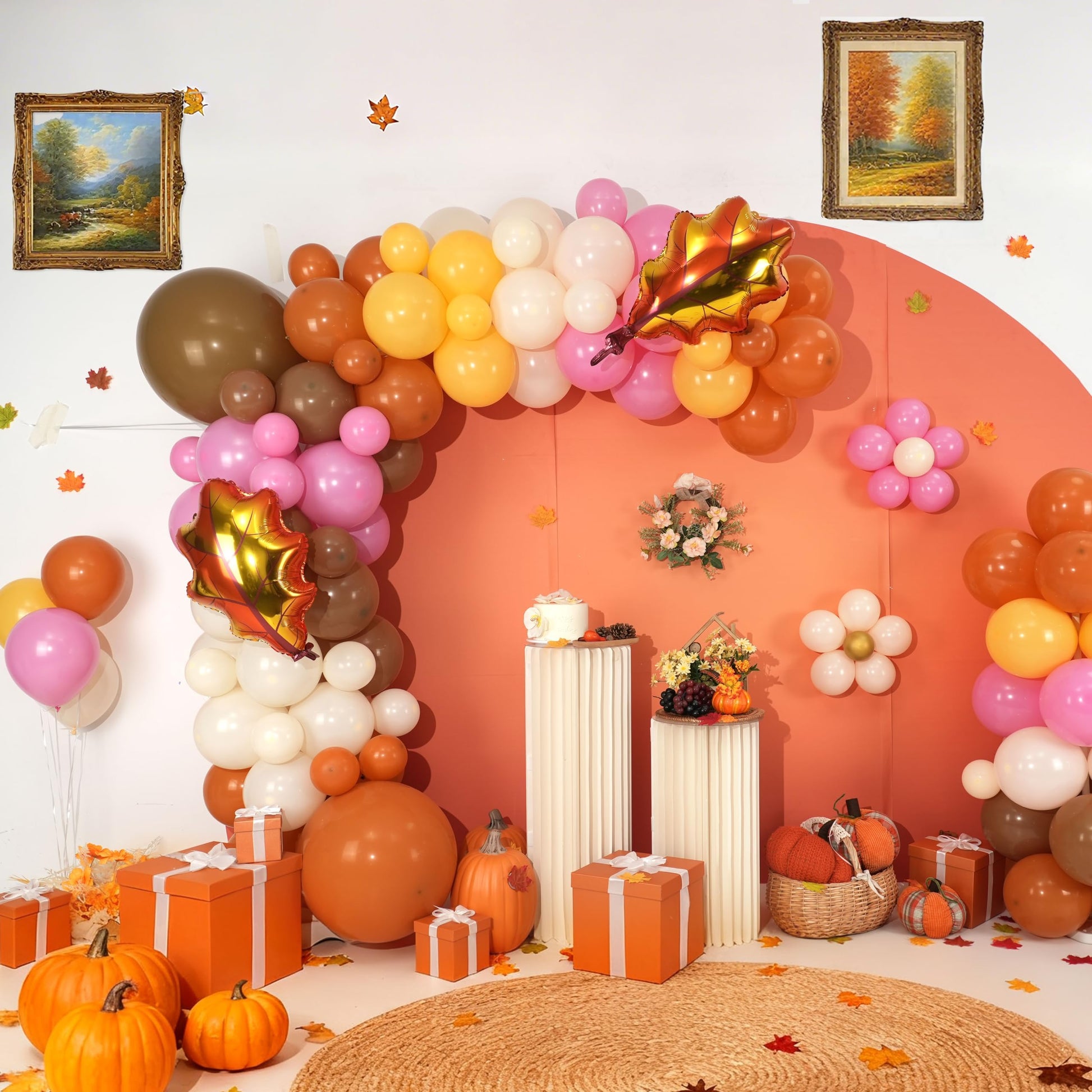 Fall Pink Balloons Garland Arch Kit, Orange Brown White Pink Yellow