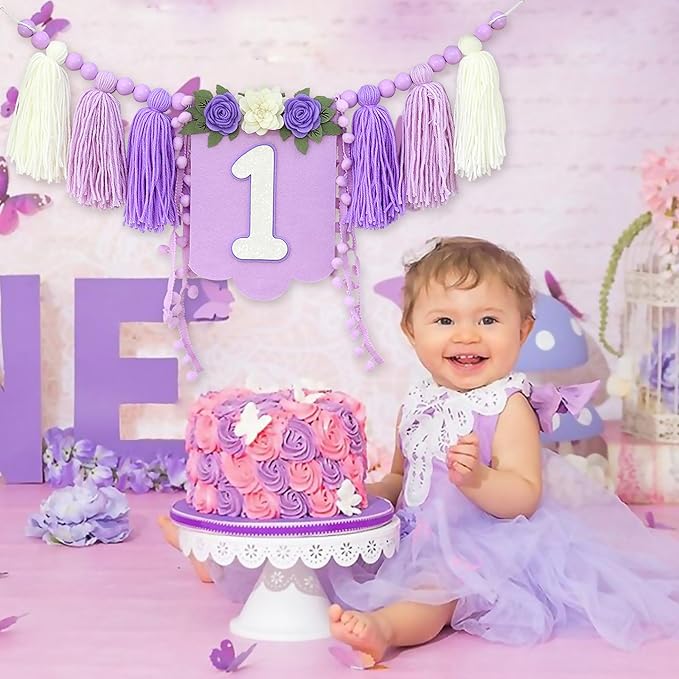 Handmade Wildflower 1st Birthday HighChair Banner Purple White Party