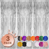 Voircoloria 3 Pack 3.3x8.2 Feet Silver Foil Fringe Backdrop Curtains,