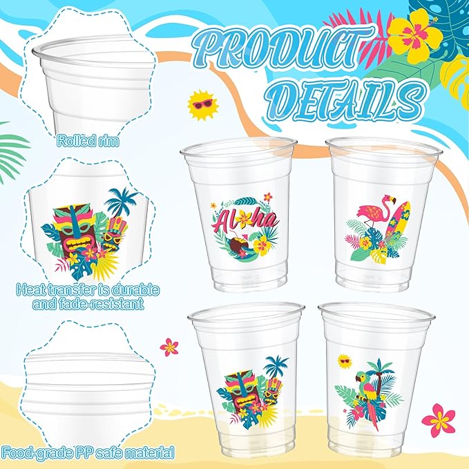 100 Set Hawaiian Luau Party Cups with Umbrella Straws 12 oz Tiki