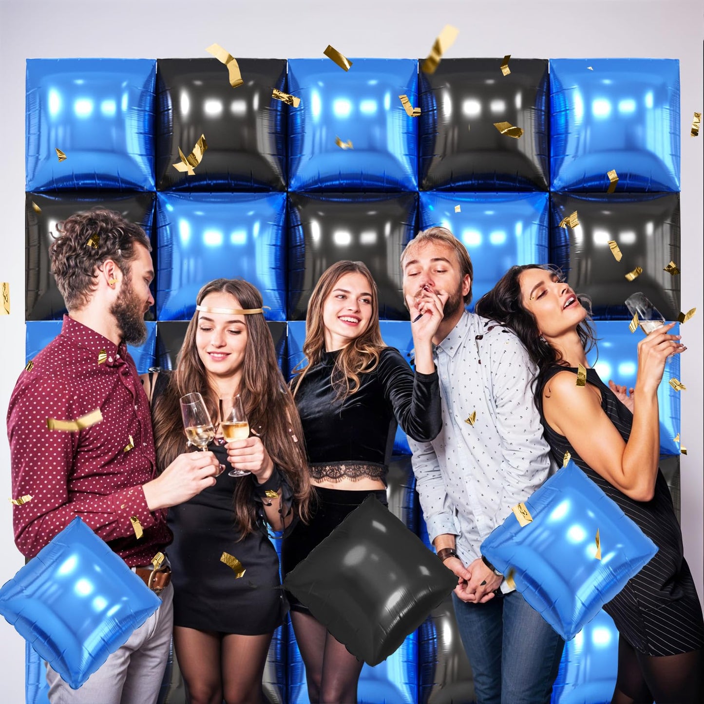 Metallic Blue and Black Square Foil Balloon Wall,19 Inches Double