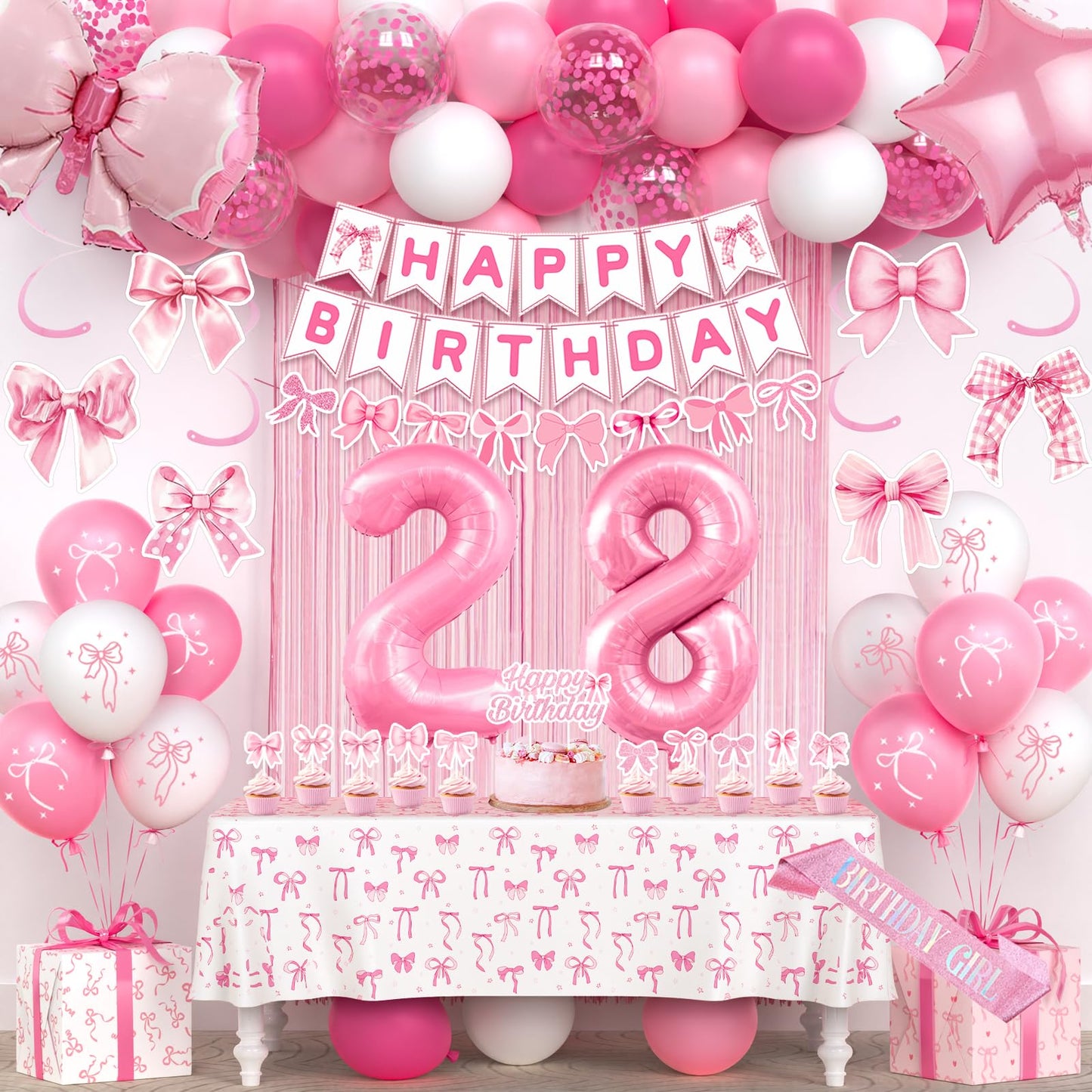 28th Pink Birthday Decorations for Women, Pink Bow Coquette Birthday
