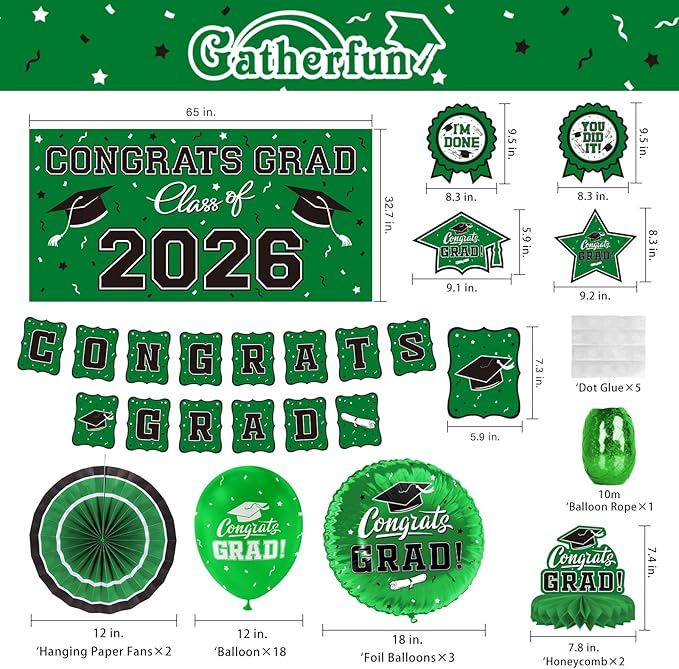 Green Themed 2026 Graduation Decorations Set - Congrats Grad Banner,