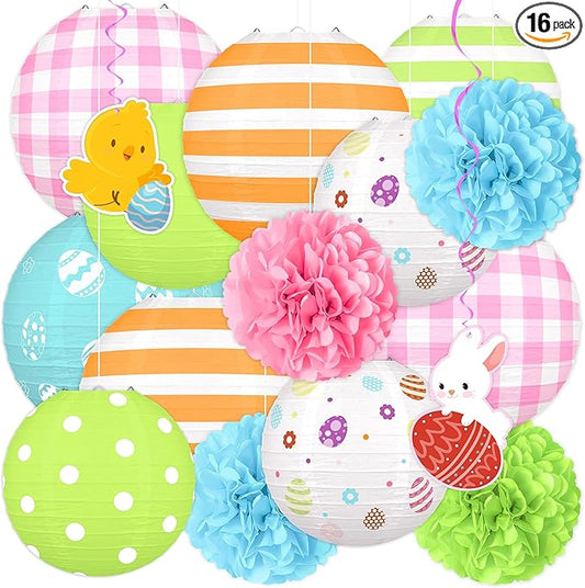 16pcs Easter Party Hanging Decorations Pastel Paper Lanterns and Pom