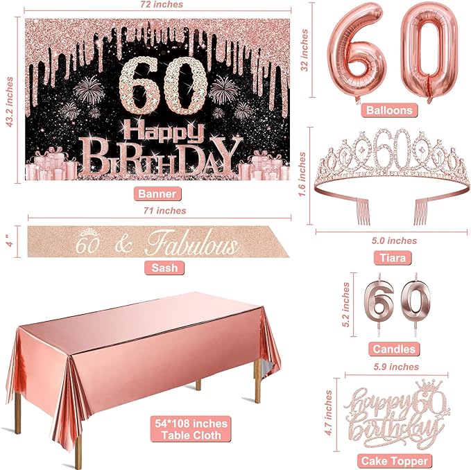60th Birthday Decorations for Woman with Banner Rose Gold Tablecloth