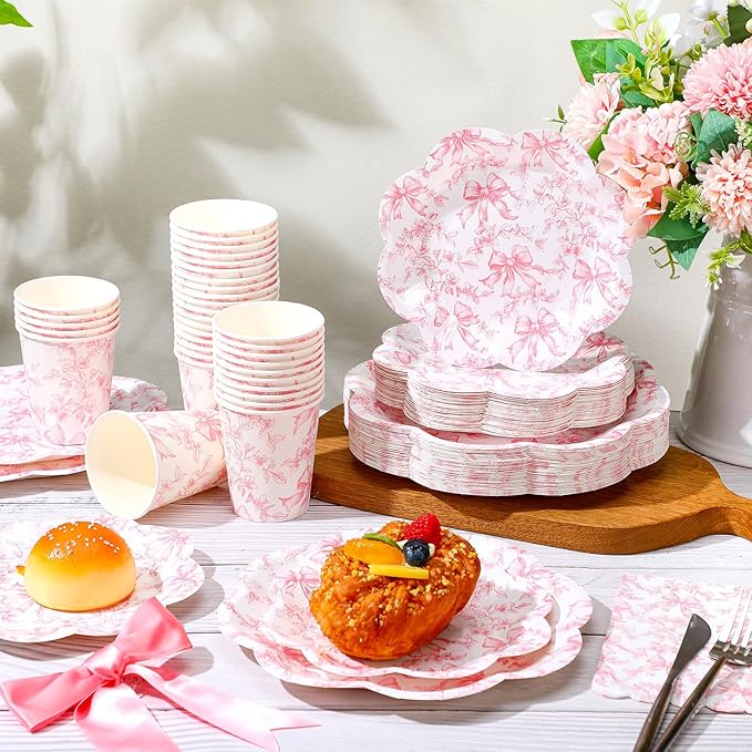 250 Pcs Pink Bow Paper Plates and Napkins Coquette Valentine's Day
