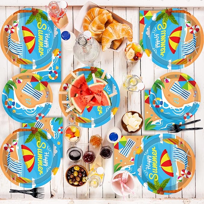 96 Pcs Beach Party Supplies Paper Plates Napkins Summer Beach