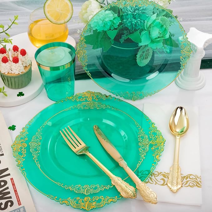 Hioasis 175pcs Clear Green Plastic Plates - Elegant Disposable