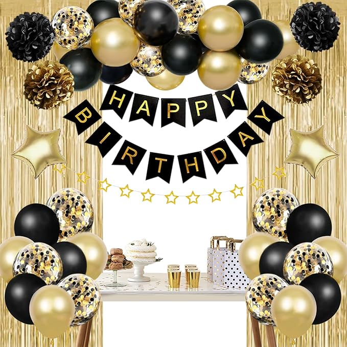 Birthday Decorations for Men Women, Gold and Black Party Decorations,