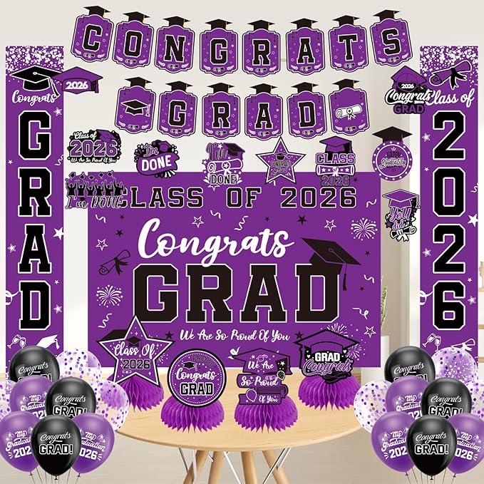 Graduation Decorations 2026 Purple Set, Congrats Grad Decor Set with