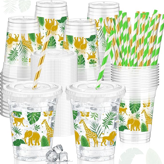 50 Pcs Jungle Safari Animals Cups Disposable Plastic Cup 12 oz