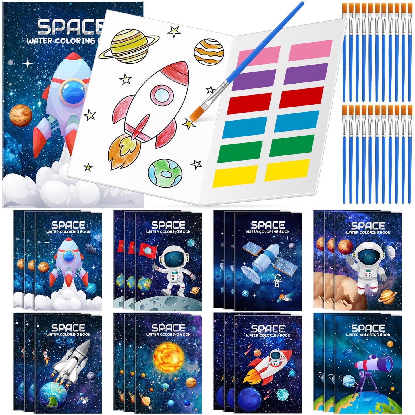 Kosiz 24 Pack Space Paint with Water Books for Kids, Mini Watercolor