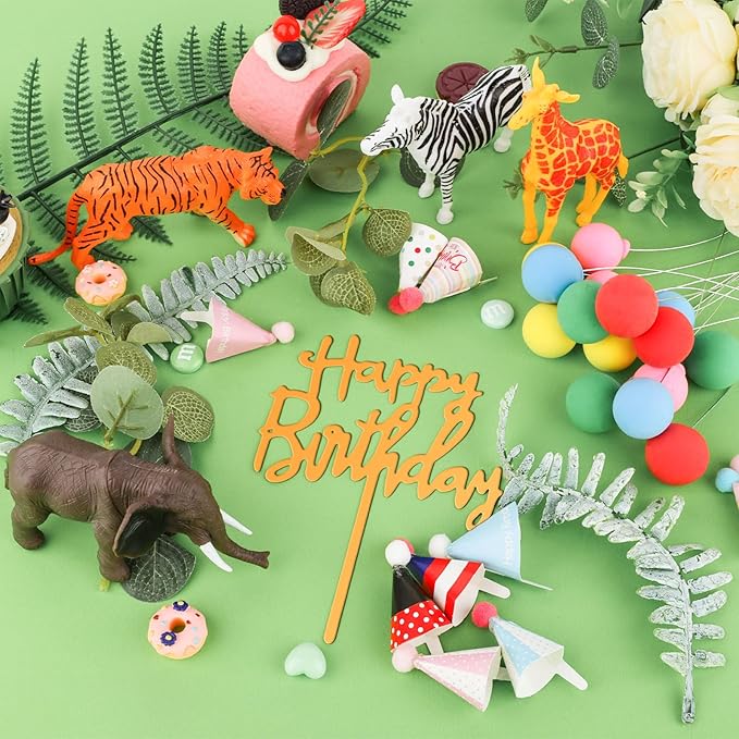 34 Pcs Safari Animal Cake Toppers with Mini Birthday Party Hats