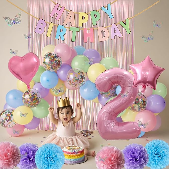 Pastel 2nd Birthday Party Decorations for Girls Number 2 Balloon