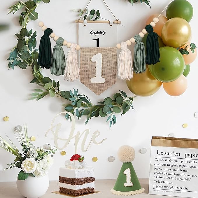 First Birthday Party Decorations Green High Chair Banner No.1 Crown