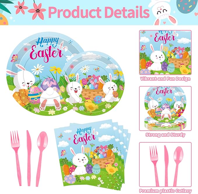 175 Pcs Easter Day Tableware Set Serves 25 Happy Easter Bunny and