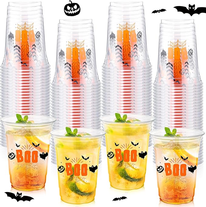 100 Pcs Halloween Plastic Cups Bulk 16 oz Disposable Halloween Boo