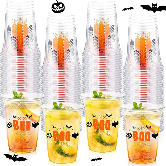 100 Pcs Halloween Plastic Cups Bulk 16 oz Disposable Halloween Boo