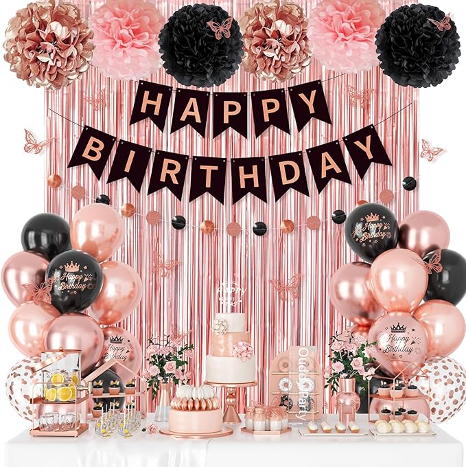 Rose Gold and Black Birthday Decorations for Women Girls, Pearl Rose