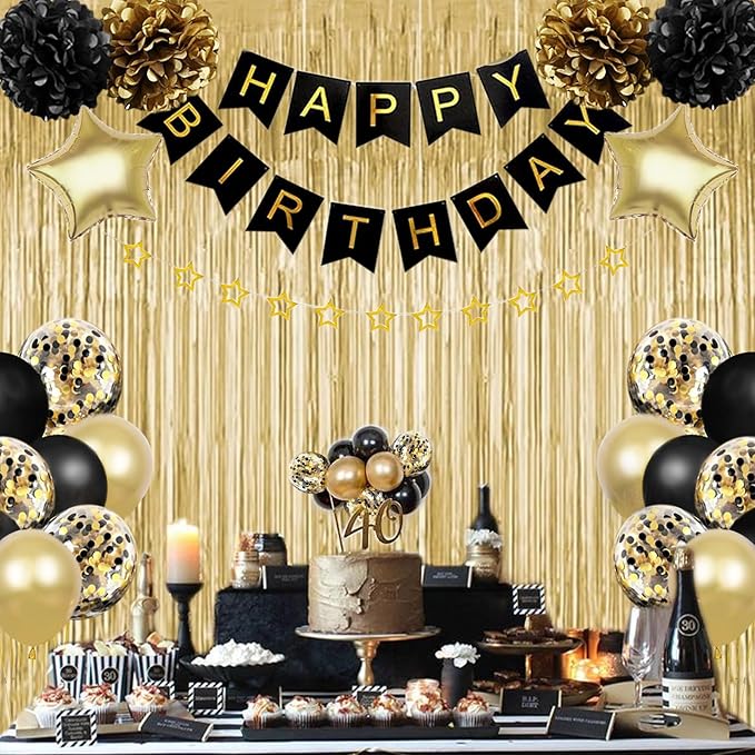 Birthday Decorations for Men Women, Gold and Black Party Decorations,