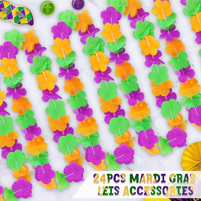 Mardi Gras Leis Accessories, 24PCS Purple Gold Green Silk Flower