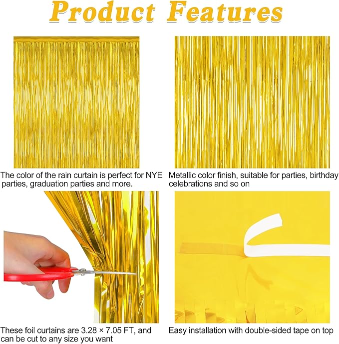 2 Pack Gold Tinsel Backdrop, 3.28 FT x 7.05 FT Metallic Fringe