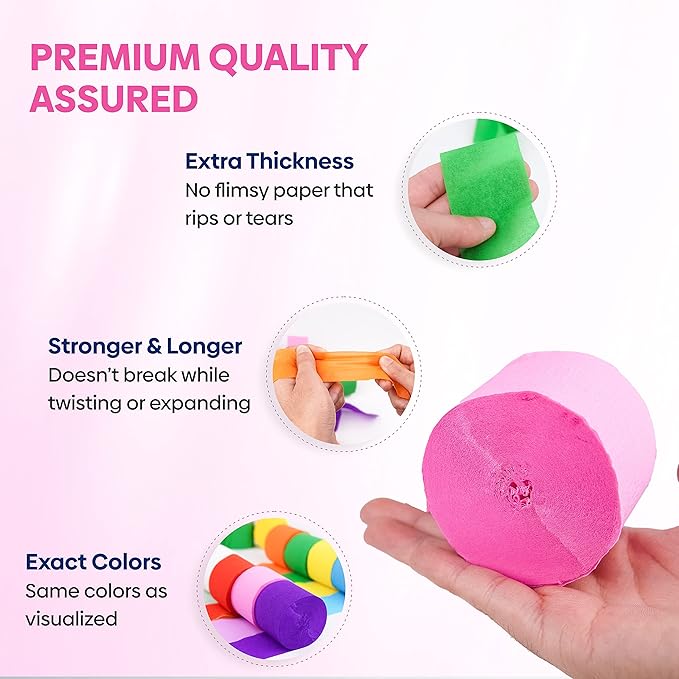 8 Crepe Paper Streamers Rolls, 656ft Pack of Unique 8 Rainbow