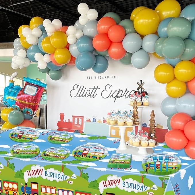 81Pcs Train 2nd Birthday Decorations Including Paper Plates Napkins