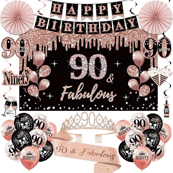 90th Birthday Decorations for Women 33pcs 90th Crown and Sash Black